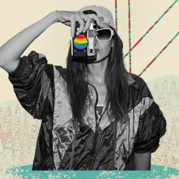 collage illustration showing photo of a woman holding a camera with abstract graphical elements in background