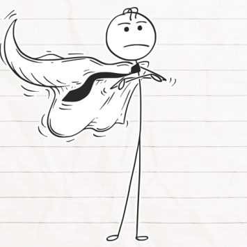 Illustration of a stickman wearing a tie and superhero cape, representing teaching maths until 18