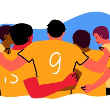 cartoon illustration of a school sports team celebrating a goal or match victory, representing physical education