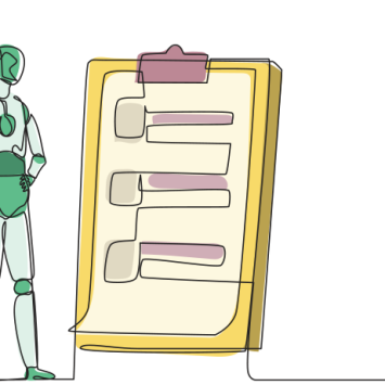 Illustration of a robotic humanoid figure holding an oversized pencil and filling in a checklist, representing AI in education